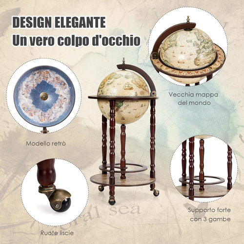 Mappamondo Bar Con Ruote Mobili, Porta Liquori Stile Retrò (Beige 45 X 45 X 88Cm - Foto 5 di 12