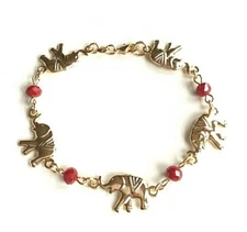 14K GOLD PLATED 5 ELEPHANT RED CRYSTAL BRACELET 7,25"/ PULSERA DE ELEFANTE 7,25"