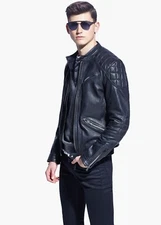 Men Biker Leather Motorcycle Genuine Blue Bomber Leather Jacket XS-2XL FB448