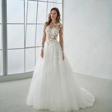 Simple Wedding Dresses Illusion Lace Applique Tulle Sweep Train A-line BrideGown