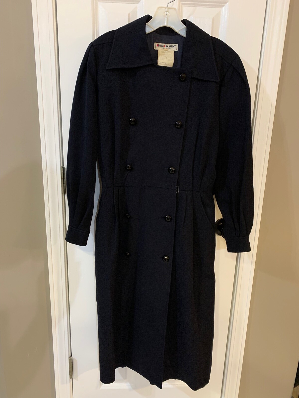 SAINT LAURENT Cappotto Pea da donna ""Riva Gauche"" lana navy vita arricciata taglia 44