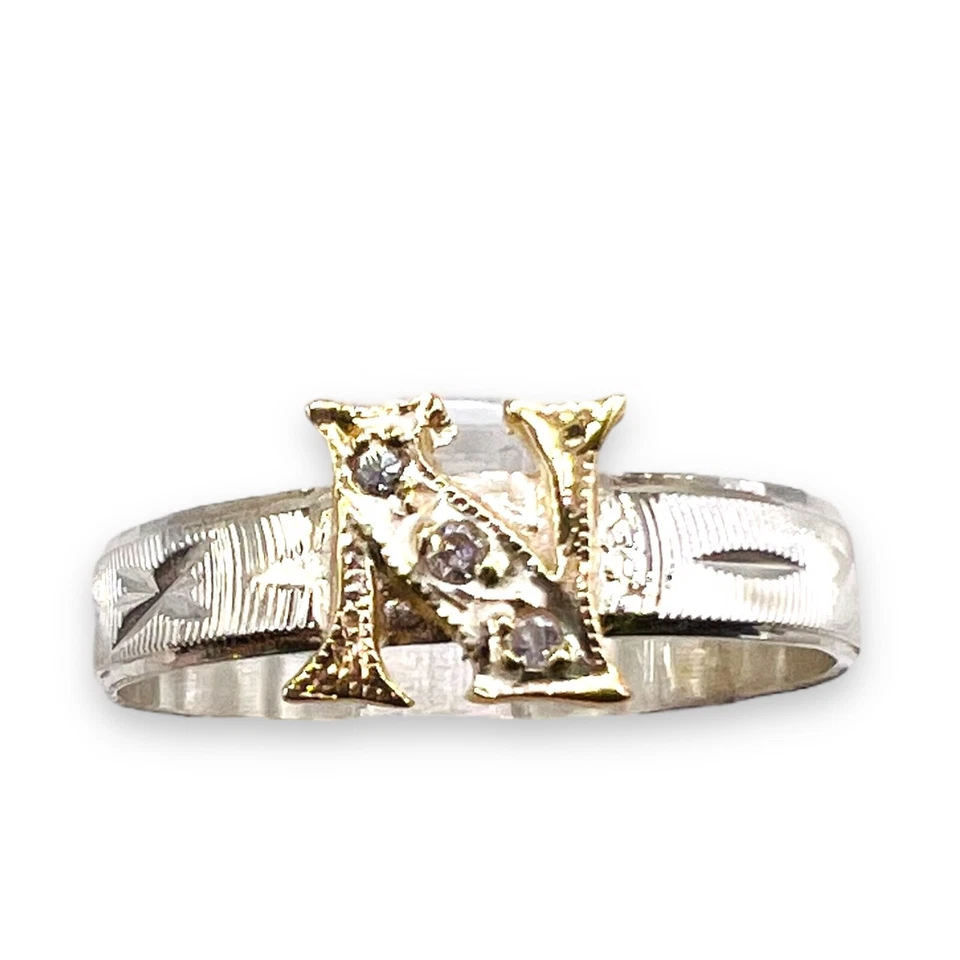 Diamond Initial Letter N 10k Yellow Gold Sterling Silver 3mm Cut Band Ring 6.25 - Image 3 of 4