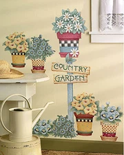 Flowers Flower Pots Country Garden Sign Post Wall Murals Decals Stickers Borders