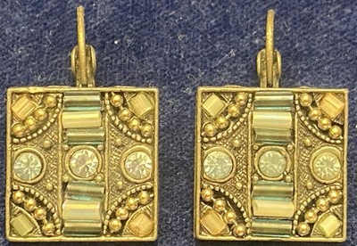 Unique Art Deco Inspired Square Dangle Silver Tone Earrings with Sparkle