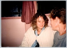 Vtg Color Snapshot Two Women Friends White Cardigan Grey Sweater Indoors 1993