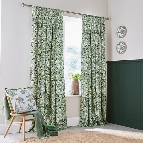 Burleigh For Bedeck Hibiscus Lined Curtains 66x72" Green - Picture 1 of 3