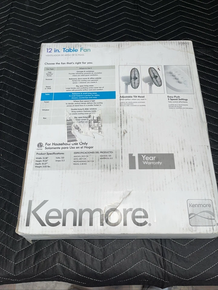 Kenmore 12 pulgadas Ventilador de Mesa Oscilante de Escritorio, Negro/Blanco 35012 ¡NUEVO en Caja!!! Foto 2 de 2