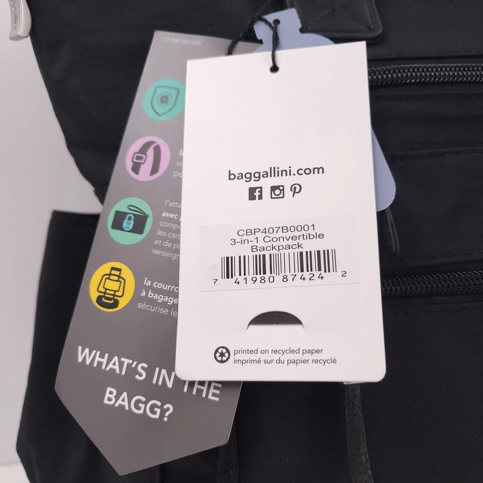 Baggallini 3 en 1 Mochila Convertible Bolso de Mano Negro Grande Plateado RFID Muñequera Foto 2 de 4
