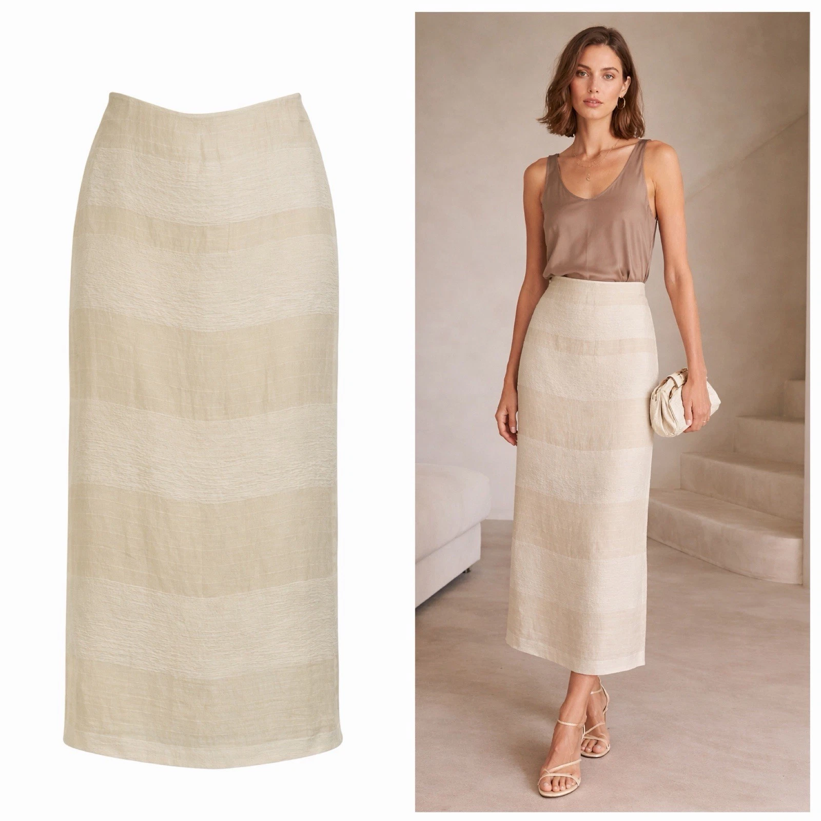 The Row Odile Midi Skirt Linen Silk Stripe Natural US 8 Quiet Luxury NWT 🟡
