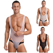 Men's Sheer Mesh Bodysuit Thong Leotard See Through Wrestling Undershirt Romper