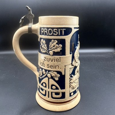 Vintage German Stoneware Pewter Beer Stein Prosit Zuviel Lab Sein