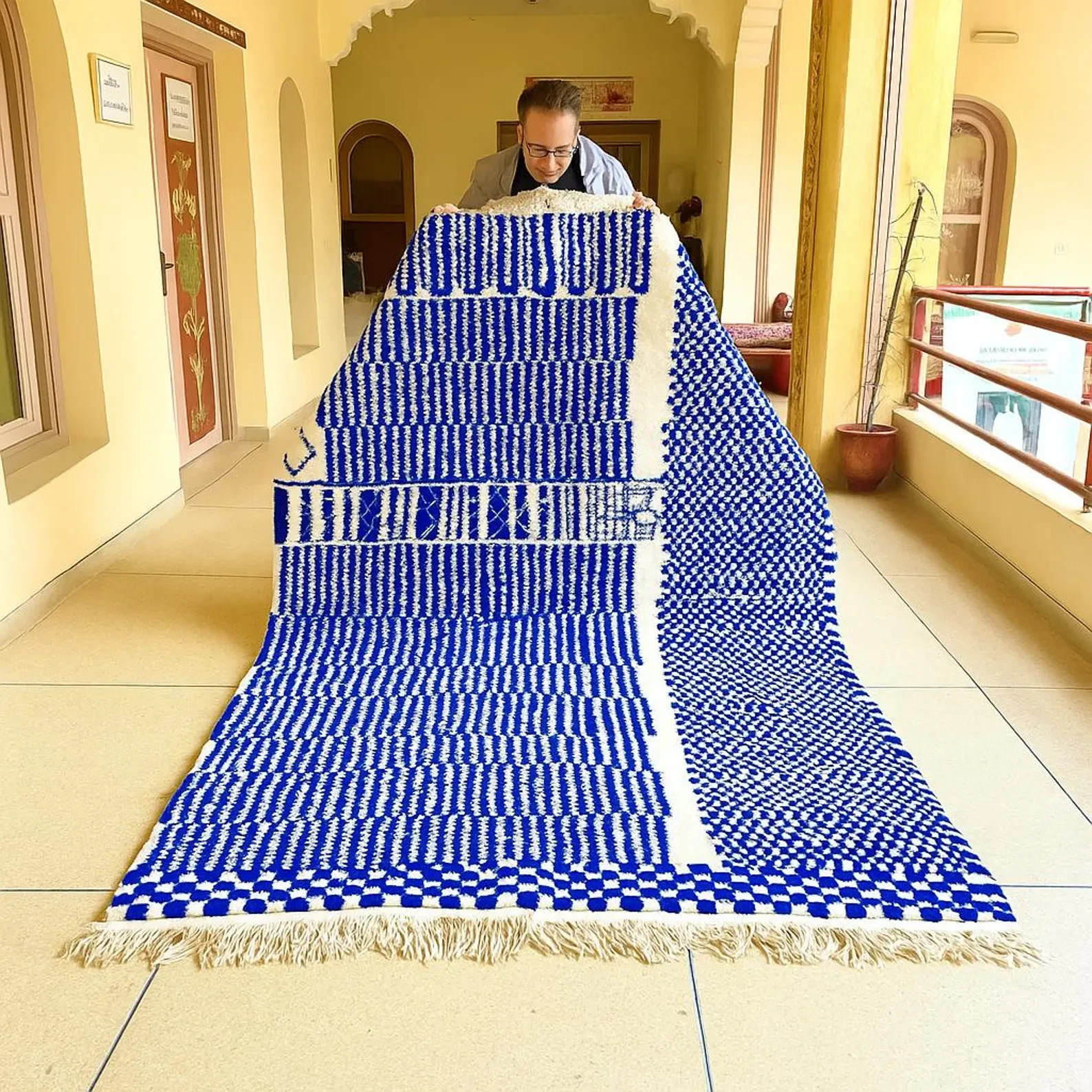 Custom Moroccan Berber Wool Rug Color White and Blue Handmade Design Carpet Rug