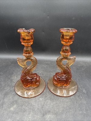 Two Dolphin Koi Amber 9'' Candlestick Pair ONE BROKEN