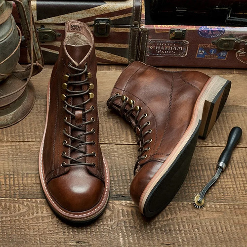 Leather Hand-Stitched Sole Leather Ankle Boots Lace Up Classic Dress Shoes - Picture 5 of 9