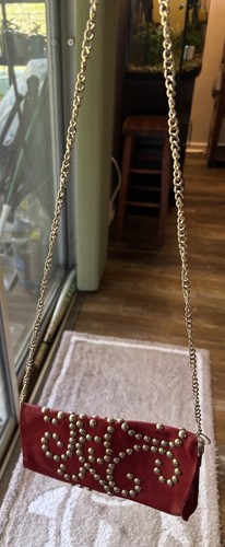 McFaden Red Leather Studded Wristlet With Silver Metal Chain Strap - Picture 17 of 19