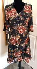 June & Hudson Size 1 Small Dress Black Brown Floral Wrap Romantic Ruffle Ditsy
