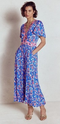 Boden ELLIE FLUTTER V-Neck Pink & Blue Short Sleeve Jersey Maxi Dress 18R