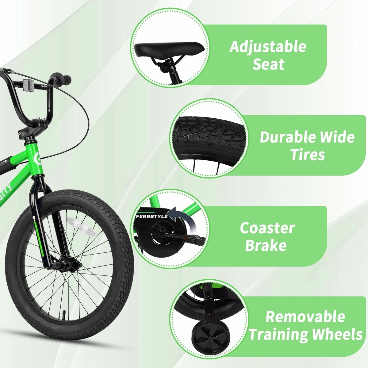 18in Kids BMX Bike w/ Training Wheels Coaster Brake Ages 6-9 Green