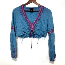 Moda International Boho Blouse Peasant Style Crop Top Shirt Blue Hippie Womens S