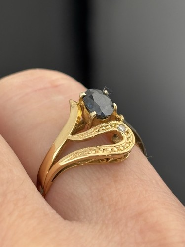 Estate 18k Yellow Gold Oval Blue Sapphire Ring Diamond Accent Snake Like sz 6.25 - Picture 15 of 24