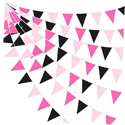 32Ft Rose Hot Pink Black Pennant Banner Fabric Triangle Flag Cotton Bunting