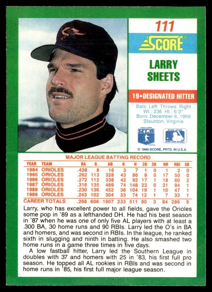 1990 Score Larry Sheets Baltimore Orioles #111 | eBay