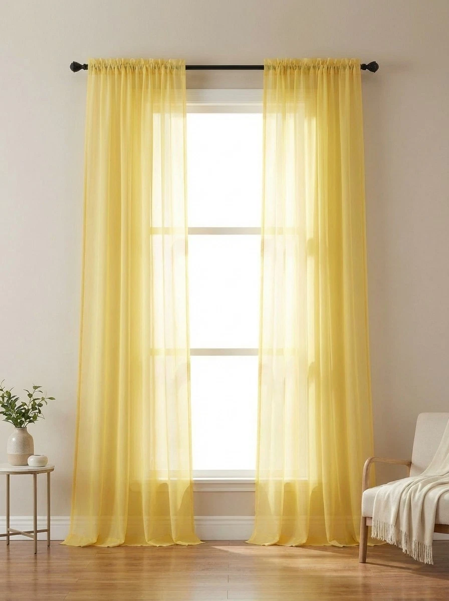 The Company Store Yellow Sheer Cotton Curtain Panels 44x120 Rod Pocket Set of 2