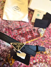 PRADA Milano Black Dress Belt XS 2cm Logo Buckle w/ Box Dust Bag Tags