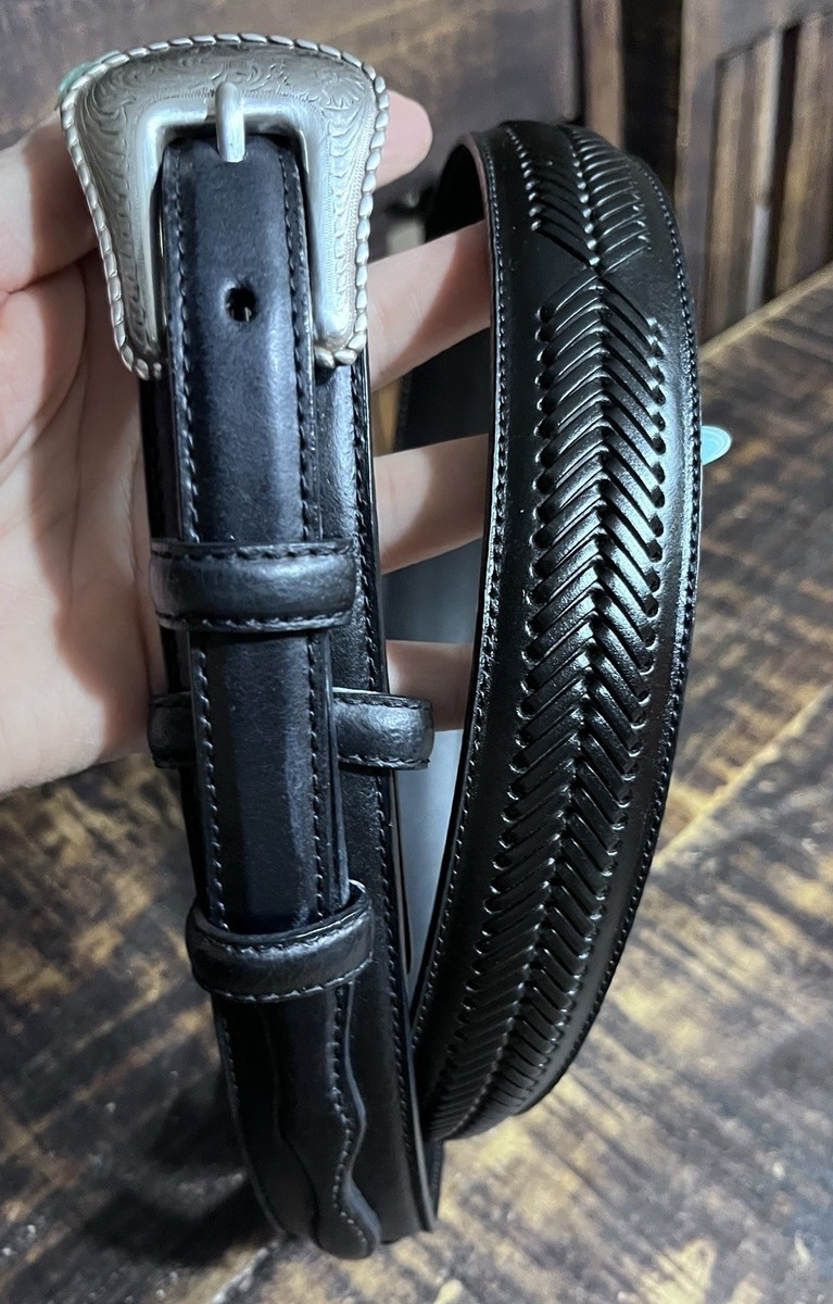 Men's Vintage Nocona Black Leather Ranger Belt Weave Silver Buckle