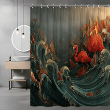 Flamingo Tropical Leaves Shower Curtain Printed Artwork