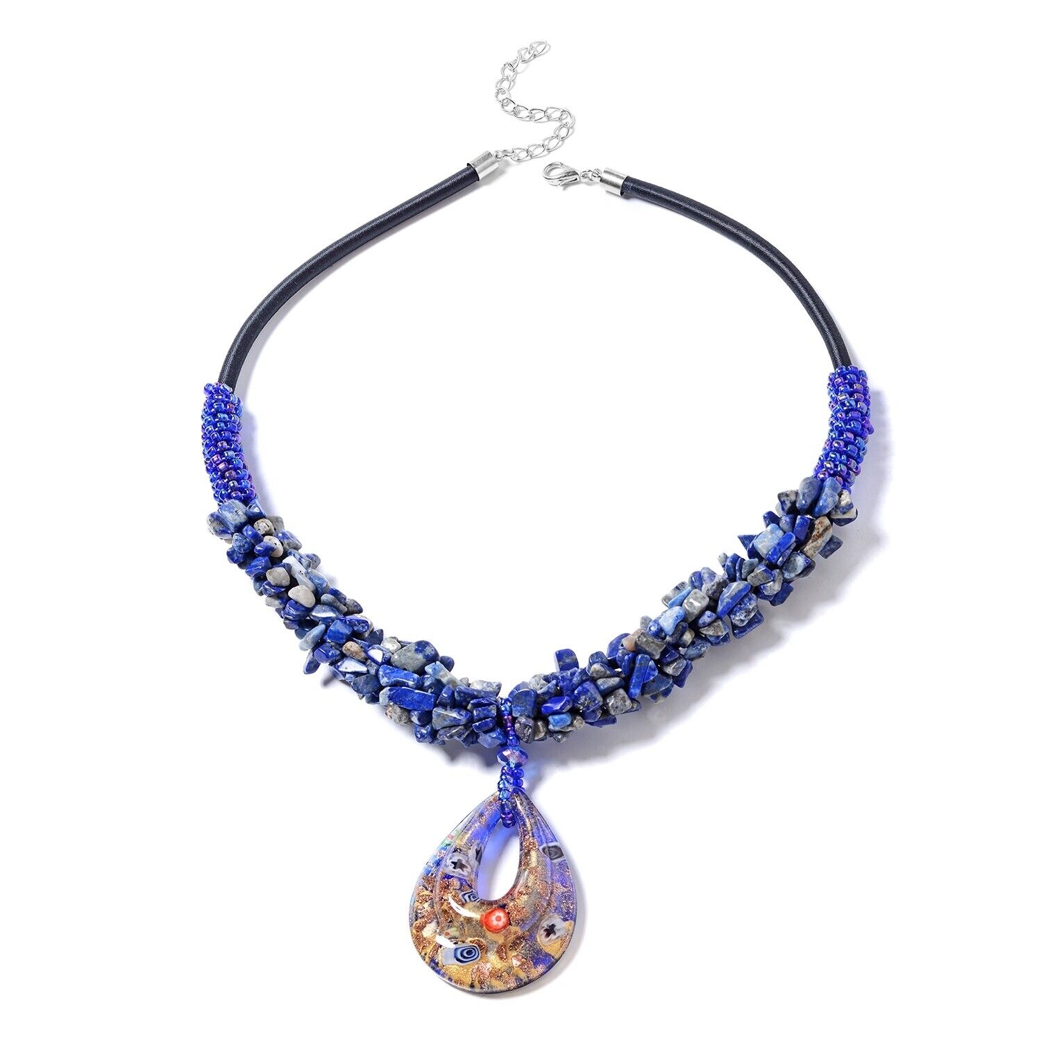 Murano Millefiori Glass Fashion Lapis Lazuli Bead Strand Necklace Size 20"