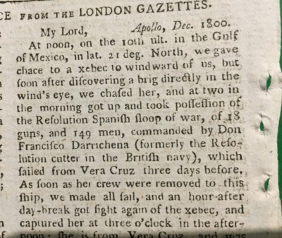 HMS APOLLO CAPTURE OF ex HMS RESOLUTION W INDIES X1 abstrakte Seite von 1801