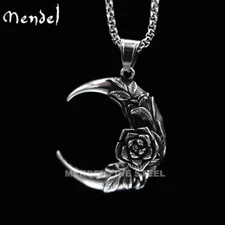 MENDEL Mens Womens Tattoo Flower Crescent Moon Pendant Necklace Stainless Steel