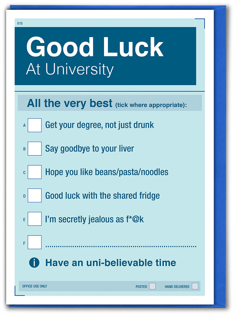 Funny Good Luck University Greetings Card With Tick Box Form Cheeky Rude Humour