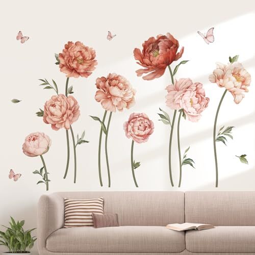 Pink Peony Rose Flower Wall Stickers Boho Floral Peel and Stick Wall Art - Picture 2 of 5