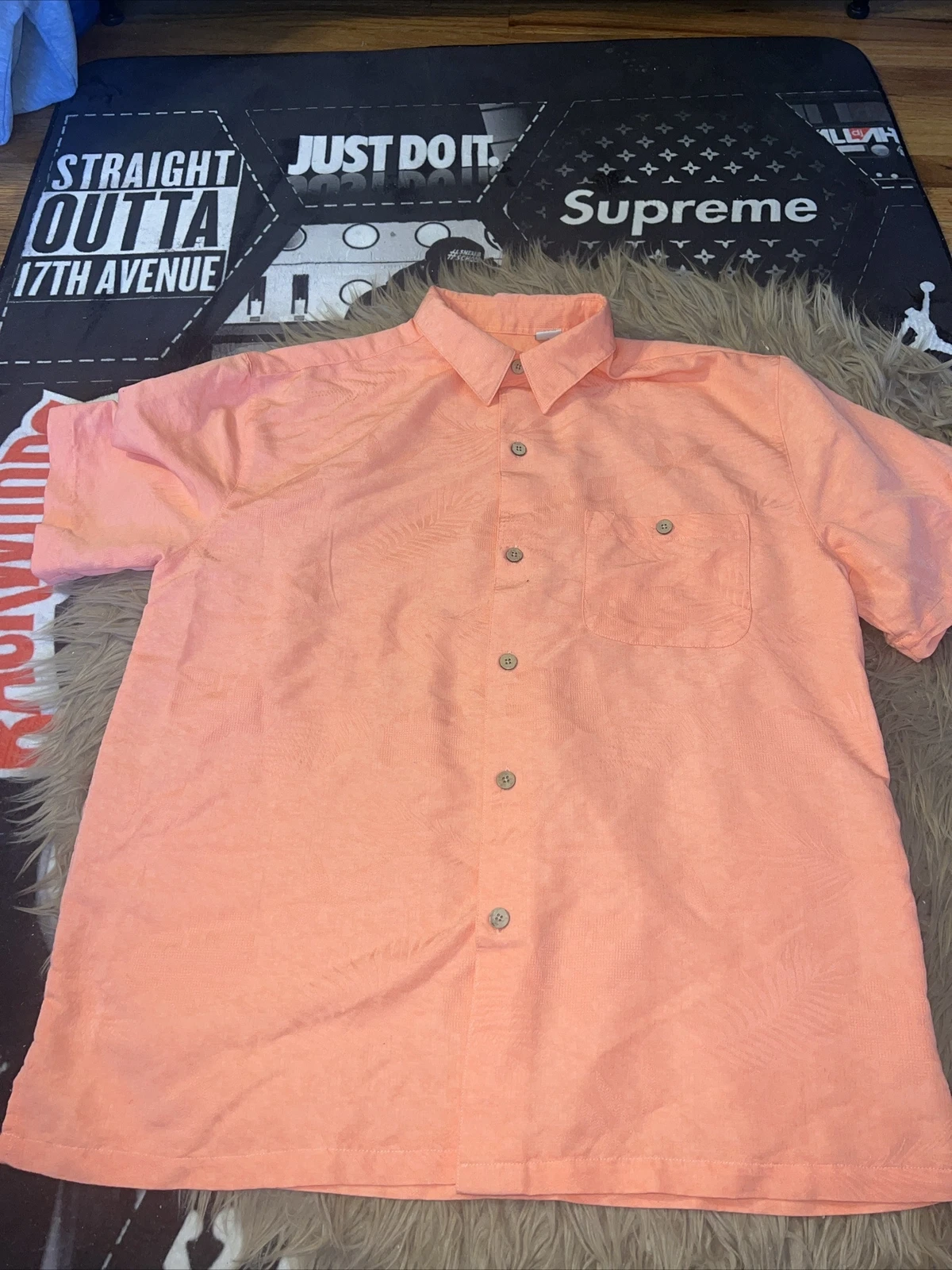 Joe Marlin Short Sleeve Button Down Shirt Mens Size L Salmon Pink Hawaiian