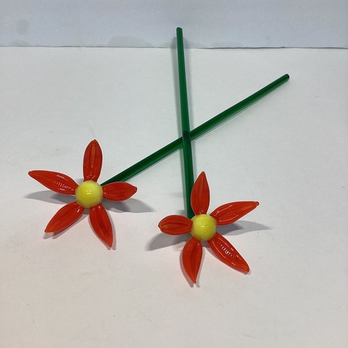 Vetro artistico soffiato a mano vintage fiori arancio/giallo con stelo verde 10” set 2 - Foto 2 di 6