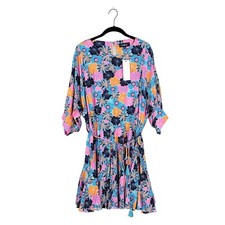NWT Aakaa Dress Womens Sz S Floral Dolman Mini Tie Waist Multicolor Bright Twirl