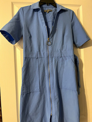 Sharagano Women s Blue Zip-Front Short Sleeve Jumpsuit Dress  w/ Belt size 2