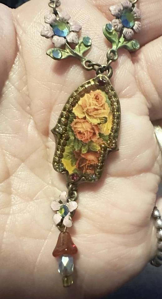 Michal Negrin Hamsa吊坠项链法蒂玛之手粉红色花朵 — 第 3/4 张图片