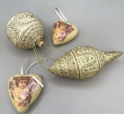 Lot of 4 Vintage Ornaments - Cherub Hearts & Gold Textured Shapes-Taiwan