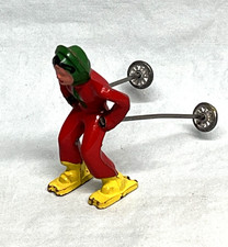Vintage Barclay Lead Toy Downhill Skier Skiing Figure with Poles Red and Yellow