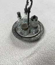 Vintage 6Pc Etched Glass Cruets Condiment Bottles w/ Caddy Holder 7" Tall