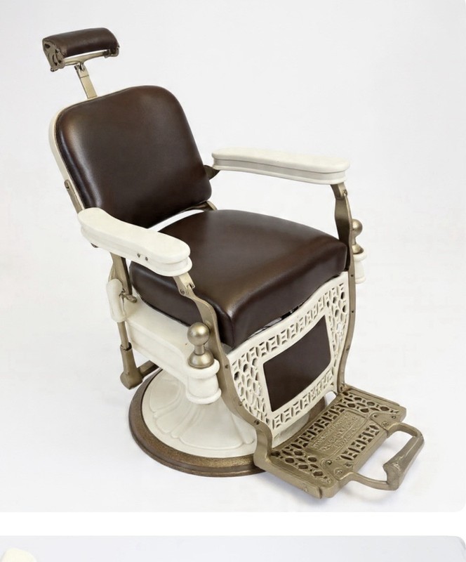 Theo A. Kochs Chicago Antique Barber Chair Cast Iron Leather White Brown