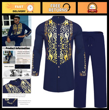 Men's African Dashiki 2-Piece Suit Set, Metallic Print Shirt & Pants Outfit, Gol