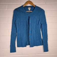 Vtg L.L. Bean Blue Medium Cable Knit Cardigan Lambswool Nylon Oversized Cottage