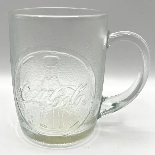 Vintage Coca-Cola Frosted Glass Mug Embossed Bottle Logo Heavy Glass 4 1/8”