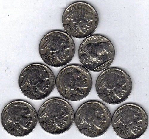 Count of Ten Circulated Buffalo Nickels 1913 to 1938 Fine - Random Date