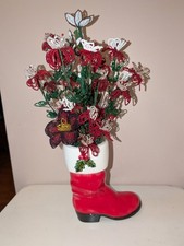 Vintage Porcelain Santa Boot Vase & Bouquet Of MCM French Hand Beaded Flowers