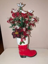 Vintage Porcelain Santa Boot Vase & Bouquet Of MCM French Hand Beaded Flowers